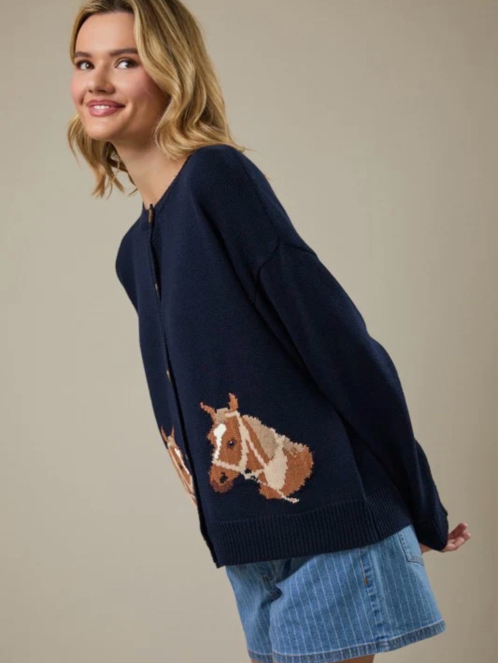 8 Navy Horse Intarsia Button Cardigan Sweater - Picture 2 of 3
